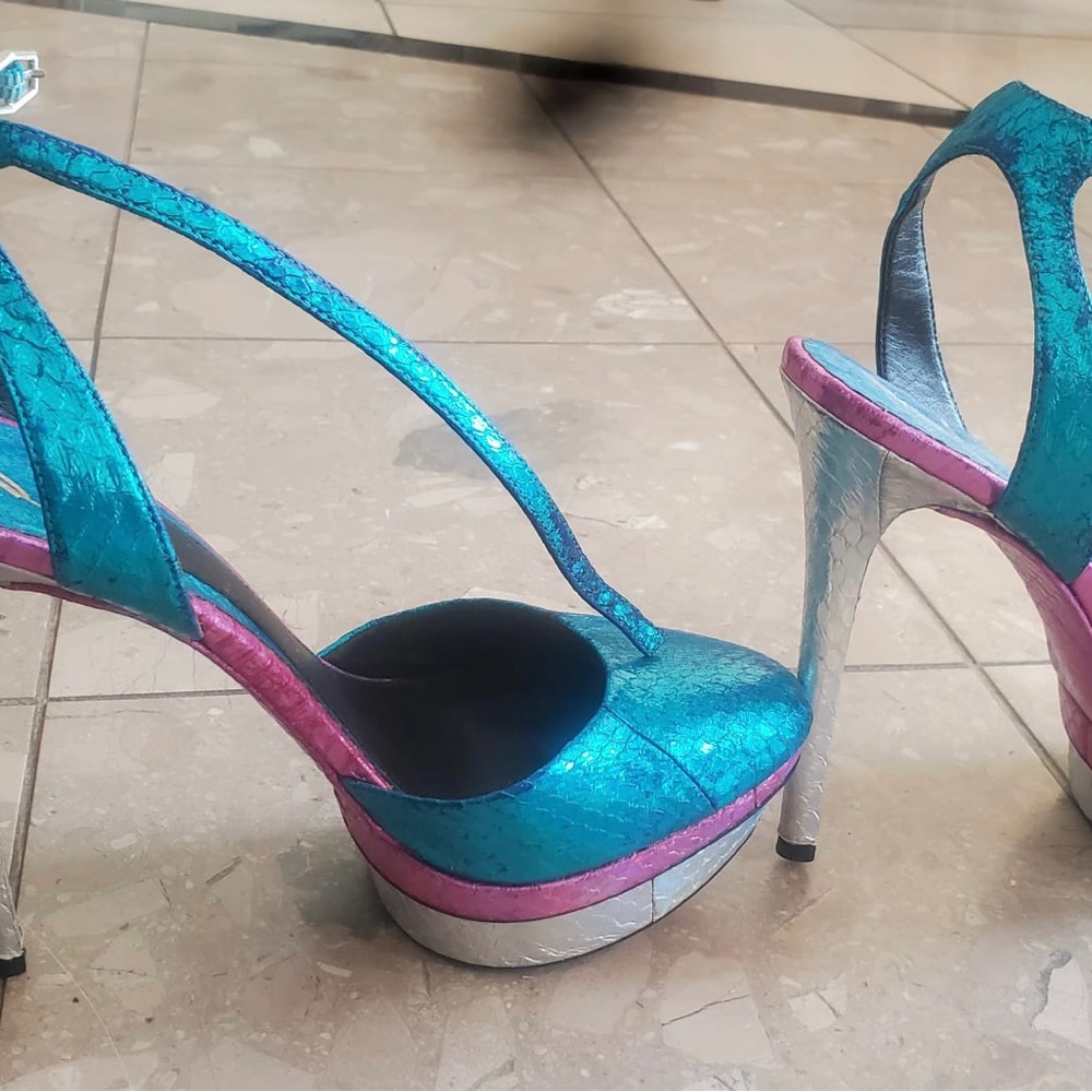 Brian Atwood metallic snakeskin multicolored platform shoes